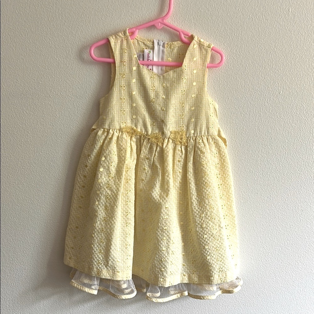 Ashley Ann Yellow/White Check Peplum Lined Tulle Embroidered Zipper Sundress.4T